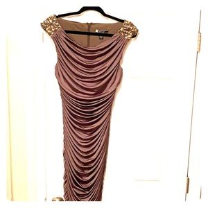 Formal Brown Metallic Jeweled Draped Midi Dress